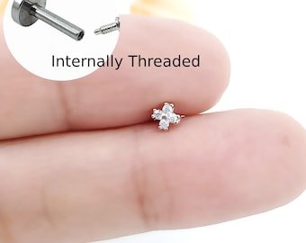 Flower Labret, Tragus Conch Helix Cartilage, Internally Threaded, Surgical Steel, 16G