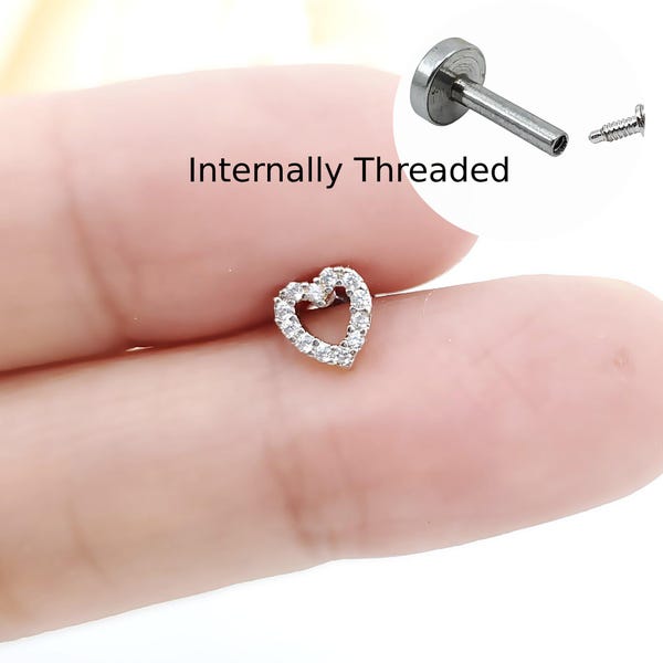 Heart-Shaped Labret, Tragus Conch Helix Cartilage, Internally Threaded, 16G