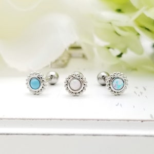 16G Blue Opal,White Opal, Turquoise Round Stud Cartilage, Helix Piercing Earring