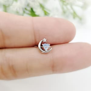 16G,20G,21G blaues Herz im Mond Ohrstecker, Zirkonia Knorpel, Conch, Helix Piercing, Ohrläppchen Piercing, Fantasy Schmuck