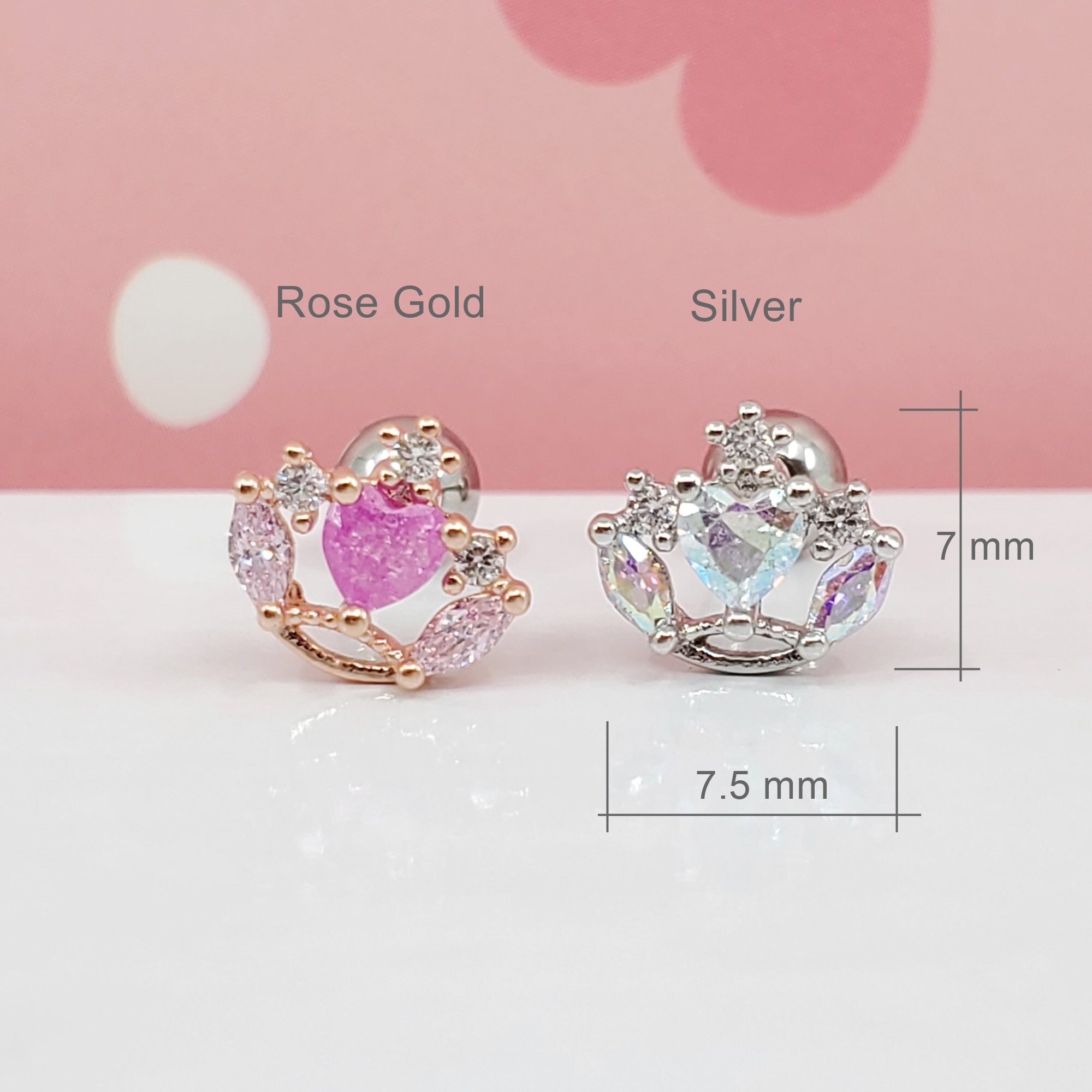 Orecchino pendente a forma di cuore in opale rosa, zirconia