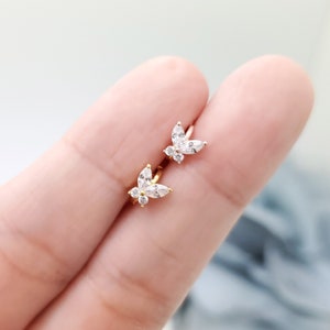 20 g, petit papillon zircone cubique avec cerceau One Touch, créoles clicker, boucle d'oreille piercing hélice du cartilage