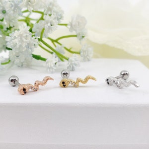May include: Three surgical steel helix earrings with a snake design. The earrings are available in gold, rose gold, and silver.