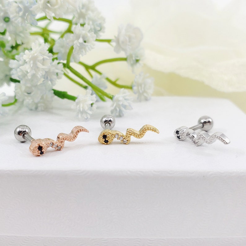 May include: Three surgical steel helix earrings with a snake design. The earrings are available in gold, rose gold, and silver.