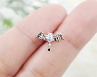 Boucle d'oreille en acier chirurgical et titane, en forme de chauve-souris, pour cartilage, conque, hélix, piercing Halloween, tailles 16G, 20G et 21G.