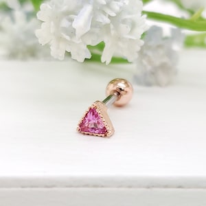 16G Rose Gold Tiny Triangle with PINK CZ Surgical Steel Earring ,Cartilage Earring/Helix Piercing High Quality Body Jewellery