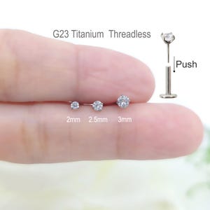 16G Threadless Push pin Titanium Flat Labret stud, Prong Set Lip Stud Piercing, Cartilage Tragus Helix Stud Piercing