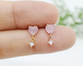 16G Pink Heart with Stone Dangle Stud Cartilage Earring, Conch, Helix Piercing