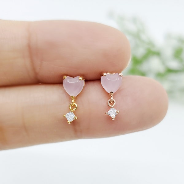 16G Pink Heart with Stone Dangle Stud Cartilage Earring, Conch, Helix Piercing