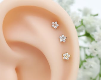 Dazzling Petite Floral Stud Earring, Titanium  Surgical Steel, Helix, Conch Piercing 16G,20G,21G