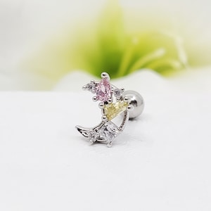 16G meerkleurige steen maan chirurgisch staal stud piercing, kraakbeen oorbel, helix piercing hoogwaardige lichaamssieraden