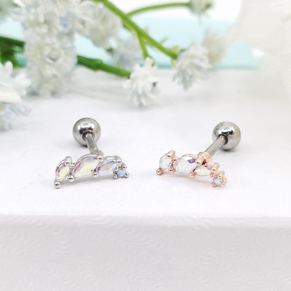 AB CZ Leaf Surgical Steel Stud Cartilage Earring, Conch Helix Piercing