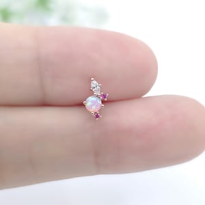 16G,20G,21G Dainty Pink and White CZ Opal Surgical Steel Cartilage Earring Conch Helix Piercing, Aurora Opal minimalist Ear Lobe earring