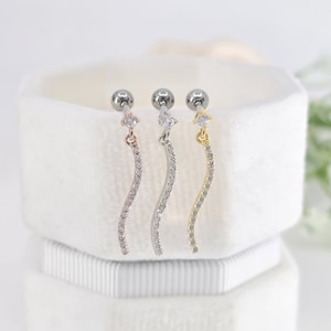 16G,20G,21G Wavy CZ Dangle Surgical Steel Stud Cartilage Earring, Curvy Bar CZ Two Length Options, Conch, Helix Piercing, ear lobe piercing