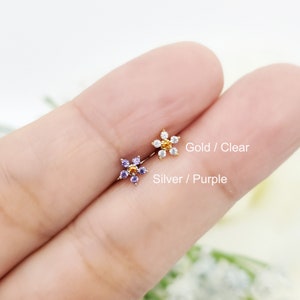 Boucle d'oreille belle fleur avec point orange, zircone cubique 16 g, boucle d'oreille cartilage, conque, piercing hélicoïdal
