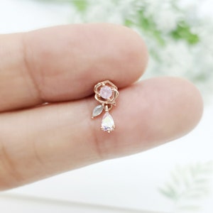 16G,20G,21G Rose with Green leaf Teardrop dangle Surgical Steel Stud Earring, Flower Cartilage, Conch, Helix Piercing, Ear Lobe Piercing