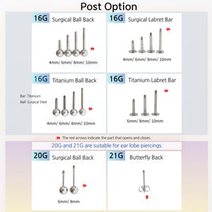 May include: A collection of silver-toned metal body jewelry components including 16G, 20G, and 21G surgical steel and titanium ball backs, labret bars, and butterfly backs in lengths of 4mm, 6mm, 8mm, and 10mm, with red arrows indicating opening points.