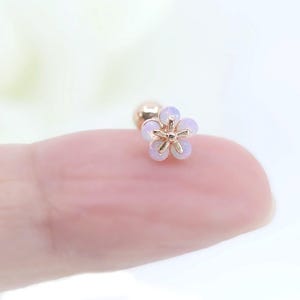 16G,20G,21G Blush Moonstone Cherry Blossom Surgical Steel Stud Earring, Romantic Floral Cartilage, Sweet Soft Pink Conch Delicate Helix