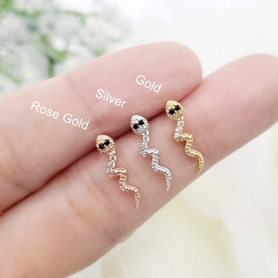 Black Eyes Snake Cartilage Earring, Surgical Steel Stud 16G 20G 21G Conch Helix Piercing