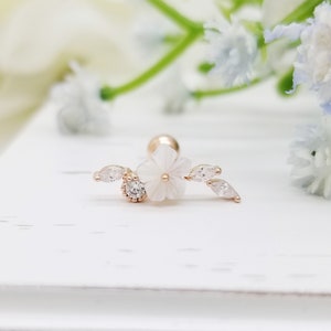 Shell Flower with Leaves Surgical Steel Stud Earring, 16G,20G,21G Blossom Cartilage Piercing, Flower Leaf Conch, Helix, Ear Lobe Piercing
