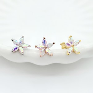 16G,20G,21G Iridescent AB Stone Flower Surgical Steel Stud Earring, Cartilage, Conch, Helix Piercing, Star Flower Ear Lobe Piercing