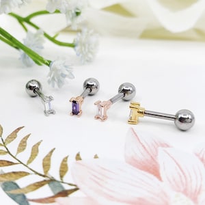 16G Rectangular Cubic Zirconia Surgical Steel Stud ,Cartilage Tragus, Earring, Helix Piercing