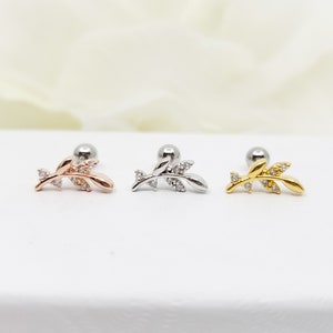 16G,20G,21G Leaves branch Stud Cartilage Earring, Conch, Helix Piercing, Leaves Ear Lobe Piercing, minimalist earring, Gift for Her