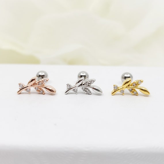 Leaf Branch CZ Cartilage Stud Nature Inspired Helix Piercing