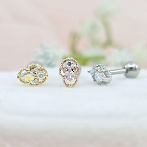 16G,20G,21G Vintage Style Ornate CZ & Opal Surgical Steel Stud Earring, Iridescent CZ Cartilage, Conch, Helix Piercing, Ear Lobe Piercing