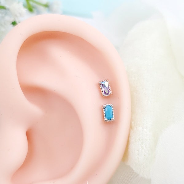 16G Rectangle AB Stone/Turquoise Color Stone Stud Earring/ Cartilage Earring/Conch/ Tragus/ Helix piercing