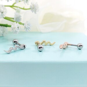 May include: Three silver, gold, and rose gold snake cartilage earrings with a ball end. The snake designs are different on each earring.