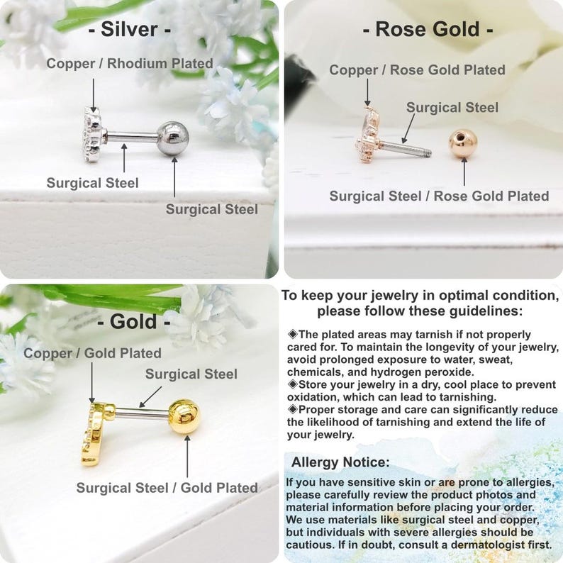 May include: Close-up of three different styles of surgical steel earrings with a flower design. The earrings are available in silver, rose gold, and gold. The image includes text describing the materials used and care instructions for the jewelry.