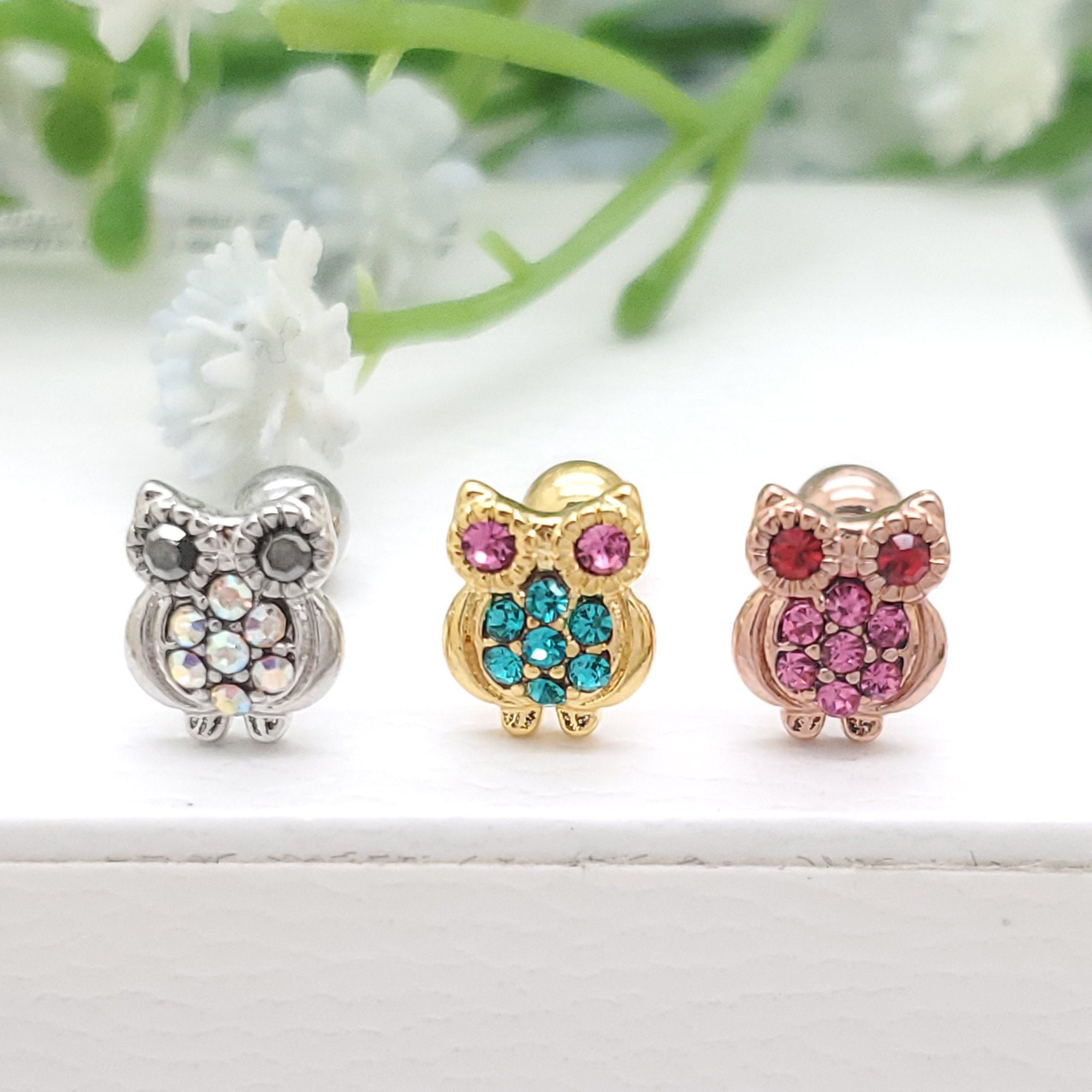 16G, Colorful Owl Stud Surgical steel Earring Cartilage/ Conch/ Helix Piercing