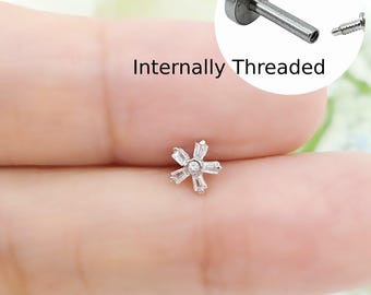 Square Cut Stone Flower Labret, Tragus Conch Helix Cartilage, Internally Threaded, Surgical Steel, 16G