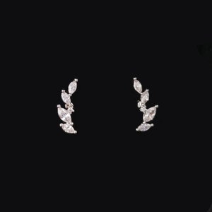 May include: A pair of silver earrings with a delicate design featuring multiple small, clear, marquise-shaped stones arranged in a curved, leaf-like pattern.