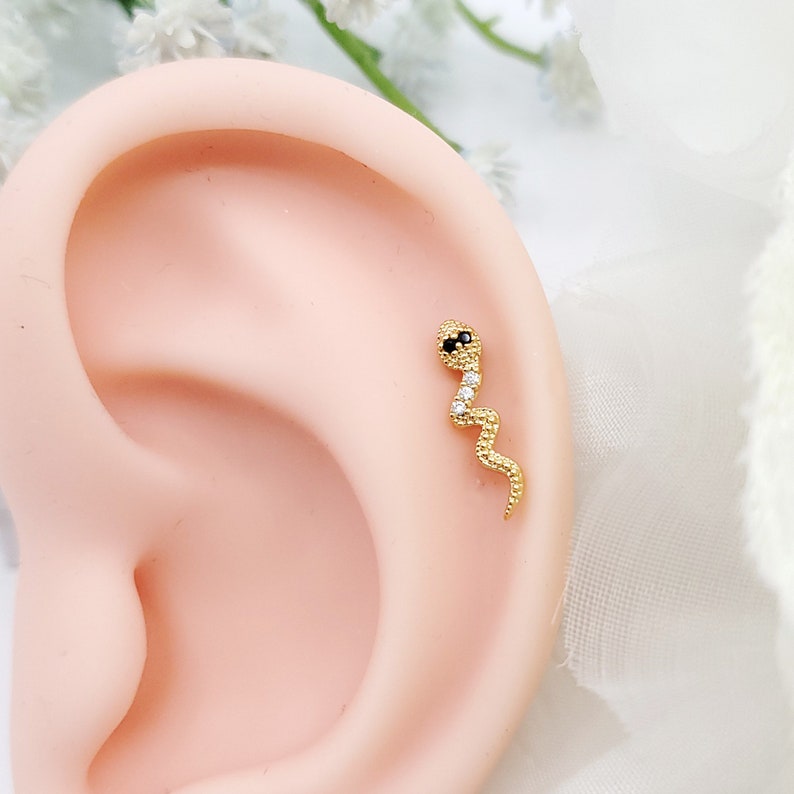 May include: Gold snake cartilage earring with black and white cubic zirconia stones.