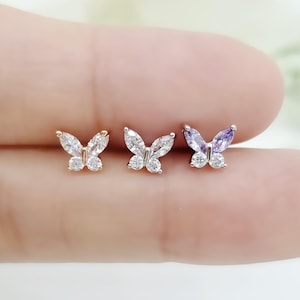 16G Butterfly Bliss, Dazzling Piercings with Lilac and Clear Stones Surgical Steel Stud Earring/Cartilage/Conch/ Helix Piercing