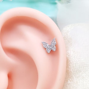 16G,20G,21G Butterfly Full CZ Surgical Steel Stud Earring, Ear Lobe Piercing, Cartilage, Helix Piercing, Minimalist Earring, Gift for Her