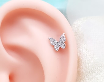 16G Butterfly Full Cubic Zirconia Surgical Steel Stud Earring/Cartilage/ Helix Piercing