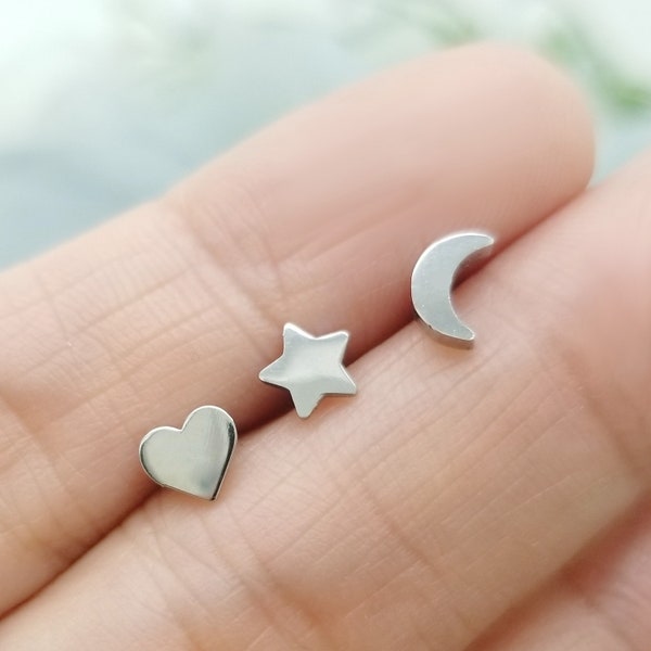 16G Heart, Star and Moon Whole Surgical Steel Stud Cartilage Earring, Helix Piercing