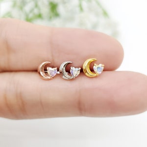 16G AB Heart in the Moon Stud Piercing, Cubic Zirconia Cartilage, Conch, Helix Piercing