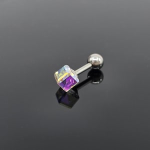 16G Aurora Cube Surgical Steel Stud Earring, Cartilage Earring, Rainbow Stud Jewelry, Iridescent Cube Barbell Helix Piercing