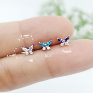 16G,20G,21G Color CZ Butterfly Earring, Surgical Steel Stud Cartilage, Helix Piercing, Minimalist Dainty earring, Spring Ear Lobe Piercing