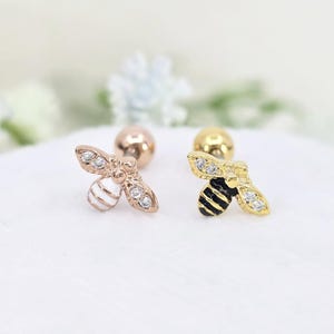 16G,20G,21G Tiny Bee Surgical Steel Stud Earring, Cute Bumblebee Cartilage, Conch, Gold or Pink Insect Helix Piercing, ear lobe piercing