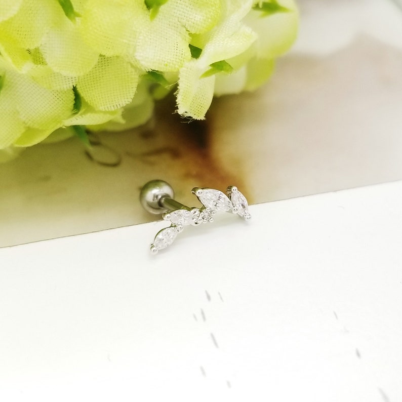 May include: A silver body piercing with a small ball at the top and a curved line of clear cubic zirconia stones.