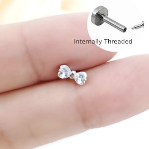 16G Crystal Bow Surgical Steel Labret Internally Threaded Piercing/ Tragus/ Conch /Helix/ Cartilage Piercing