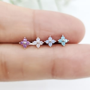 16G,20G,21G Four Leaf Tiny Flower Stud Piercing, Cubic Zirconia Cartilage, Conch, Helix Piercing, Minimal Blossom Earring, Ear Lobe Piercing