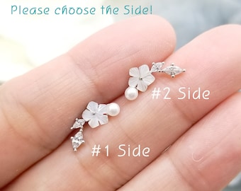 May include: Two delicate floral earrings with white flower petals, a pearl, and clear marquise-cut crystals. The text "Please choose the Side!" is in the upper left corner. The text "#1 Side" and "#2 Side" are also visible.