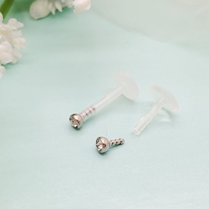 May include: Two clear plastic body jewelry pieces with a silver stud and a silver screw-on top. The jewelry is for a lip or eyebrow piercing.