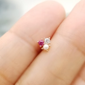 16G,20G,21G Rose Gold/ Pink stone and Pearl Triple stone Stud Earring/ Cartilage Earring, Conch, Tragus, Helix piercing